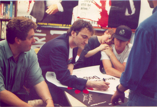 Chris Penn, Quentin Tarantino, Tim Roth (with son) at Video Archives for a Reservoir Dogs event