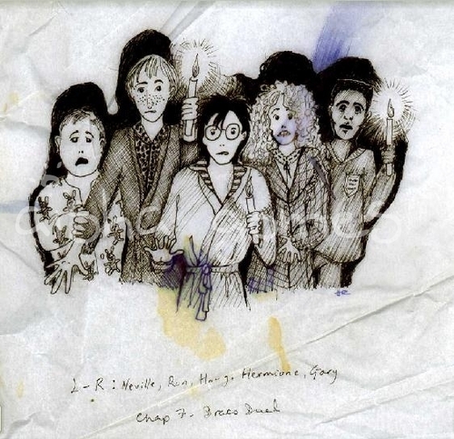 Neville, Ron, Harry, Hermione and Dean(?) design by J.K. Rowling, Harry Potter manuscript.