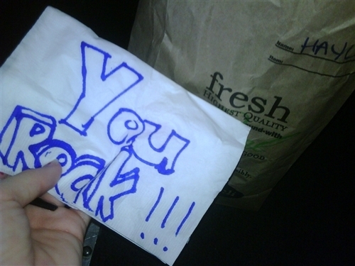 "Found this in my jasons deli to go bag. Thank u dear food preparing person."