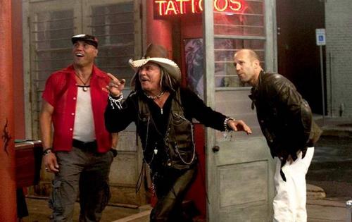 Randy Couture, Mickey Rourke and Jason Statham in The Expendables 