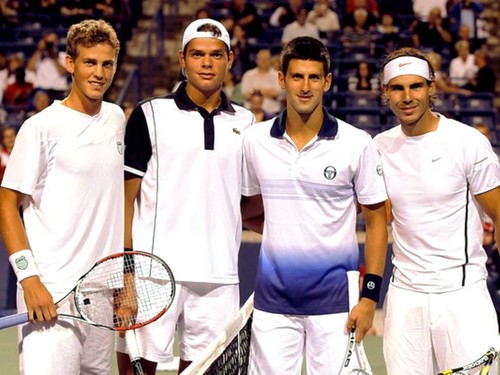  Vasek Pospisil and Milos Raonic of Canada pose for photographers with Novak Djokovic and Rafa Nadal
