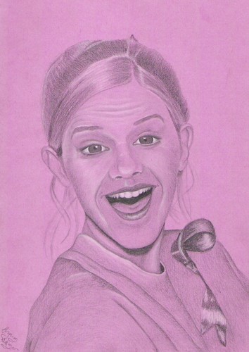  Crazy Happy Emma Watson on a roze Background