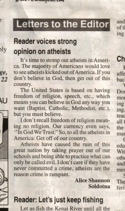 Reader Voices Strong Opinion on Atheists