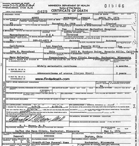  Agnes Moorehead's (Endora) Death Certificate
