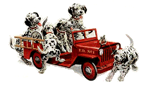 Dalmation pups climbing on a fire engine