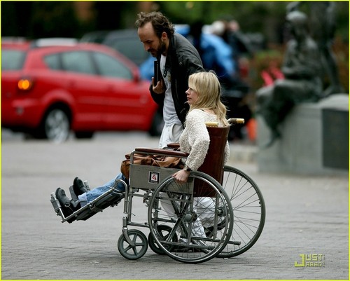  Michelle in a wheelchair on the set of her new film Blue Valentine