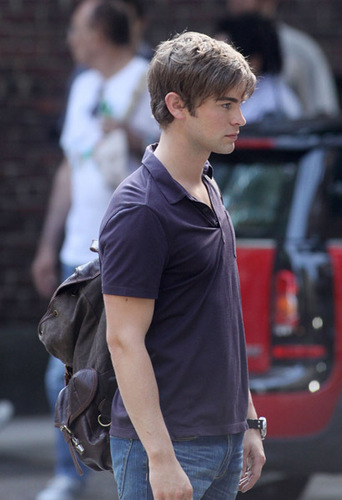 Chace Crawford on the set of Gossip Girl